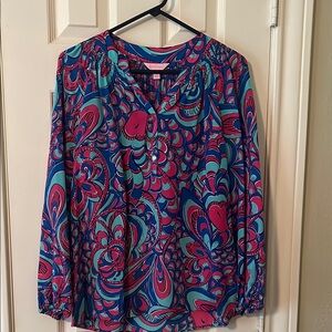 Lilly Pulitzer Elsa Silk Blouse - Pink and Blue Relaxed Size Small